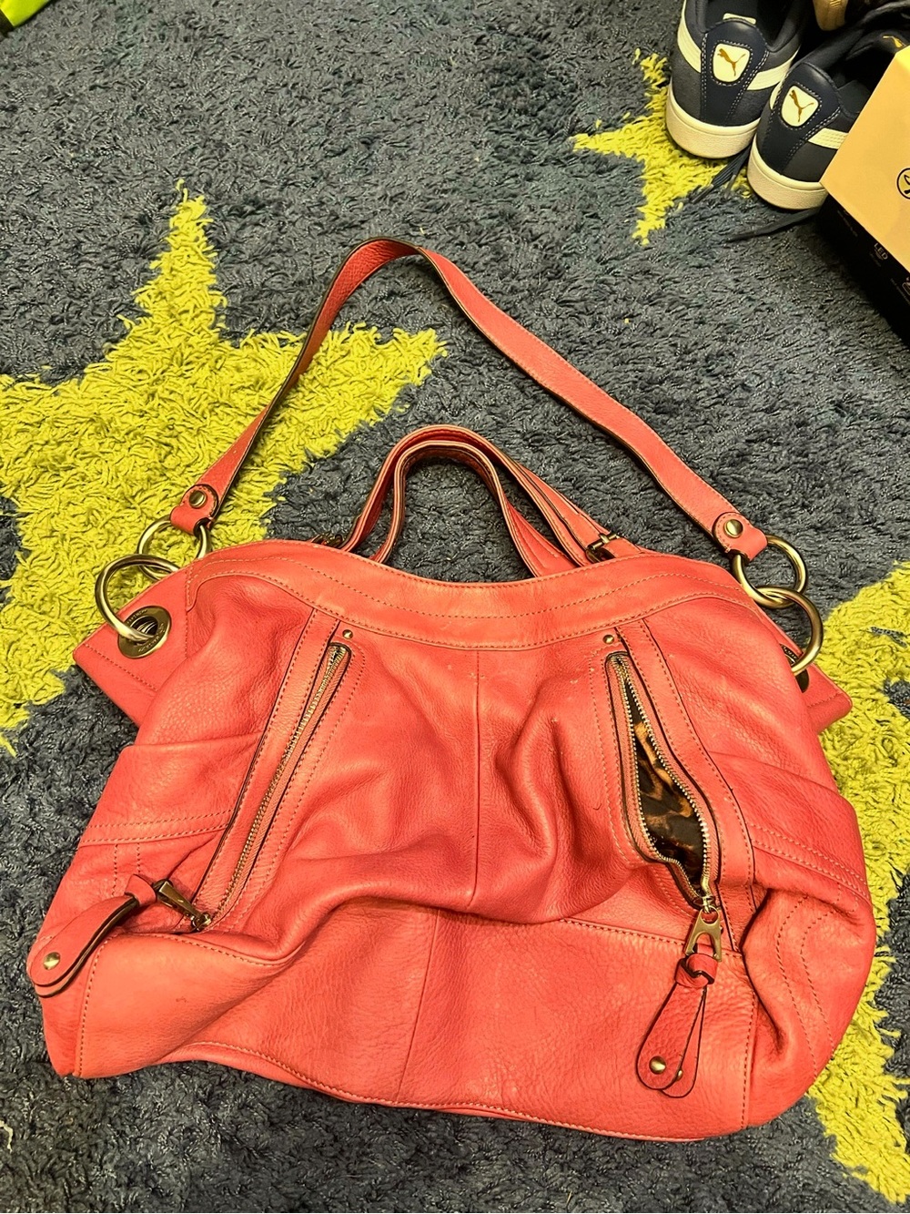 B. Makowsky Coral Pink Leather Convertible Hobo Bag Leopard Lining Multi Pocket